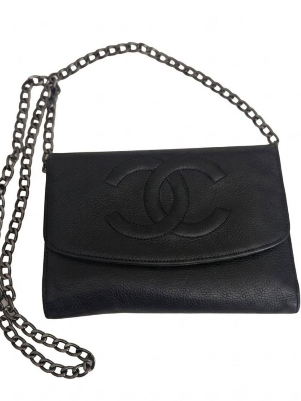 Authentic Chanel Black Lambskin Wallet On Silver Chain Vintage